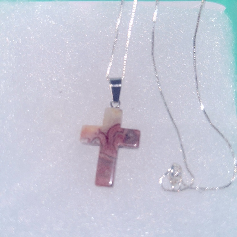 Boho hippie Brecciated Jasper Cross Sterling Silver 16” Necklace